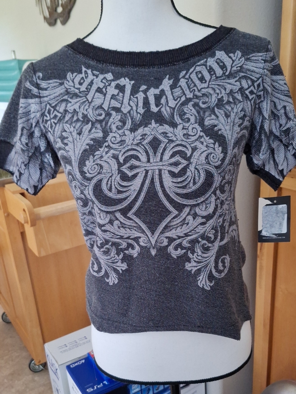 Affliction Black and Gray Ornate Cross Graphic Tee